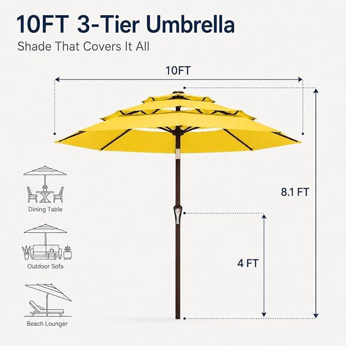 10ft Patio Umbrella, 3-Tier Vented Outdoor Table Umbrella with 8 Sturdy Fiberglass Ribs, Windproof Market Umbrella with Push Button Tilt and Crank, UV Protection for Deck, Pool, Sunshine Yellow