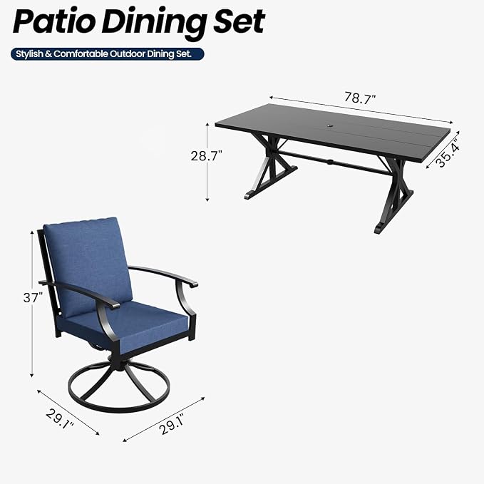 7 Pieces Outdoor Patio Dining Set,Patio Table and Chairs Metal Outdoor Patio Furniture Set with Umbrella Hole,Dining Table Set with 6 Swivel Chairs for Deck,Backyard and Garden,Navy Blue