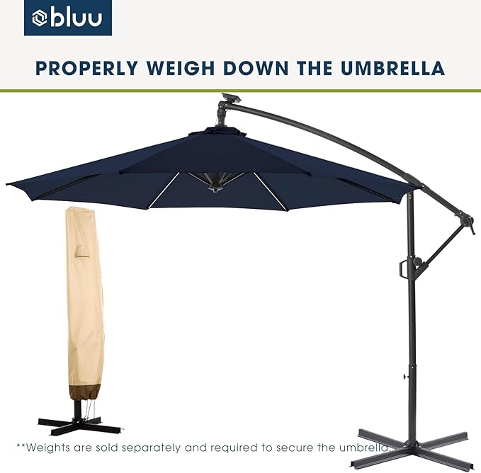 BLUU 10 FT Patio Offset Umbrella Outdoor Cantilever Umbrella Hanging Umbrellas, Fade Resistant Crank & Cross Base (Navy Blue, 10 FT WITH LIGHTS&COVER)