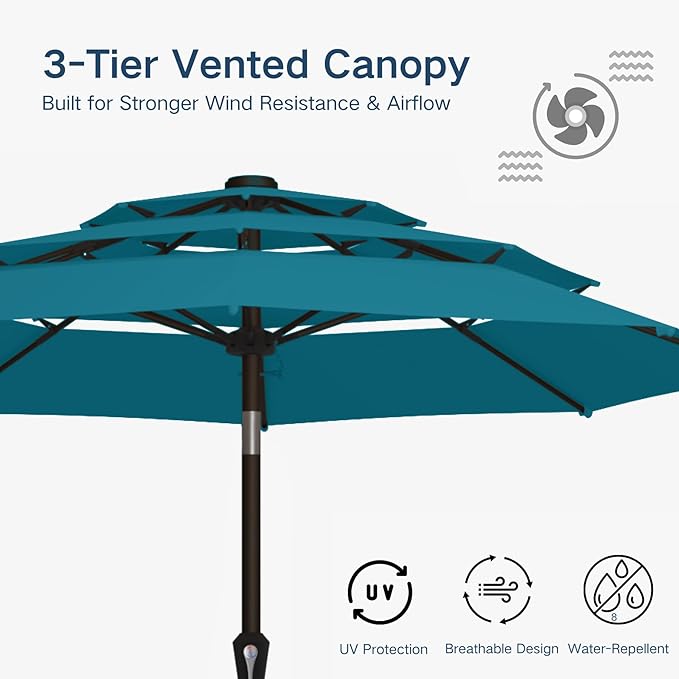 10FT Patio Umbrella 3 Tiers Outdoor Market Umbrella w/Push Button Tilt, Crank, UV and Waterproof Table Umbrella for Garden, Pool, Backyard, Deck, Lawn, Lake Blue