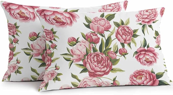 Vandarllin Outdoor Throw Pillows Covers 20x12 inch Set of 2 Waterproof Pink Rose Floral Decorative Zippered Cushion Covers for Patio Furniture, Leaves Flowers Lumbar Pillowcases