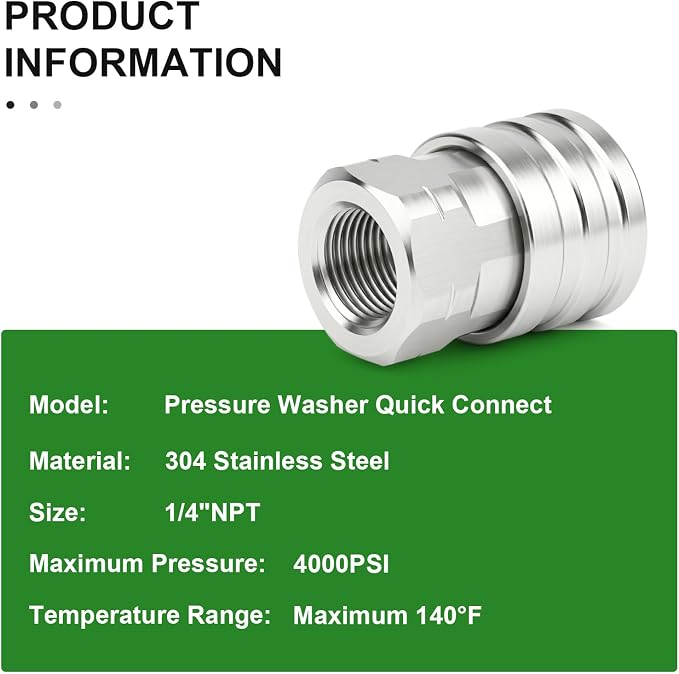 TAISHER 4PCS 304 Stainless Steel 1/4" Female NPT High Pressure Washer Quick Connect Coupler for Pressure Washing Gun Hose Accessories