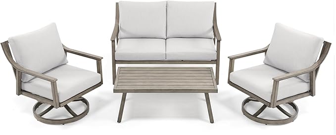 HAPPATIO 4-Piece Patio Furniture Set - Outdoor Aluminum Patio Conversation Set Includes 1 Loveseat, 2 Swivel Chairs, and 1 Coffee Table, Perfect for Porch, Deck, Garden, (Grey)