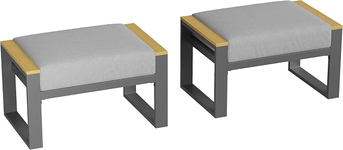 IDEALHOUSE Outdoor 2 Pieces Aluminum Patio Ottoman, Outdoor Footstool with Seat Cushions, Small Metal Outdoor Chairs for Balcony, Garden, Deck, Backyard,Gray