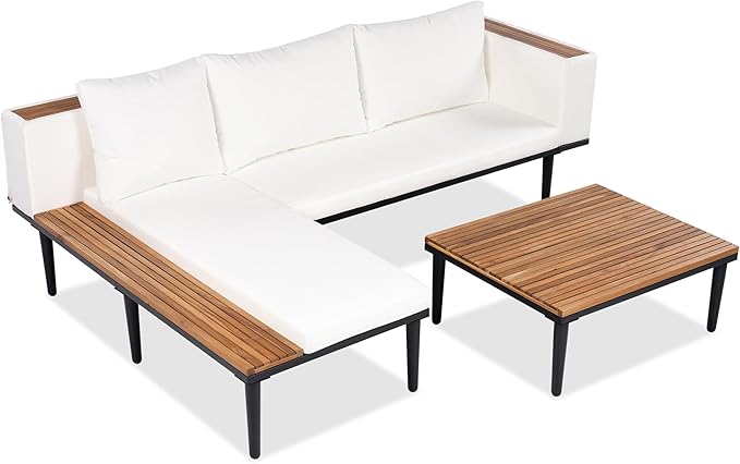 Luxury Outdoor Patio Furniture Set, L-Shaped Acacia Wood Sectional Sofa with Side Table, All-Weather Conversation Set with Removable Cushions and Coffee Table for Backyard Porch (Beige-4.20)