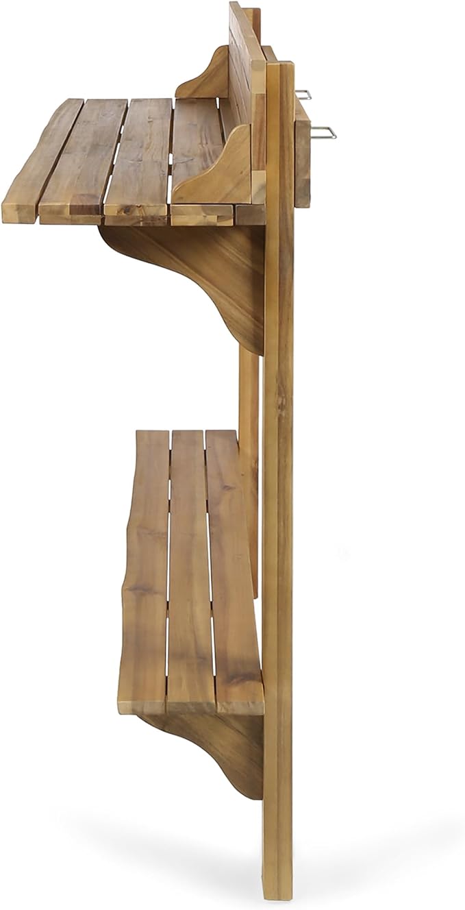 Merax Wall Mounted Balcony Table, Folding Outdoor Bar Table with Acacia Wood Top, Space Saving Railing Table for Patio, Small Balcony, Natural