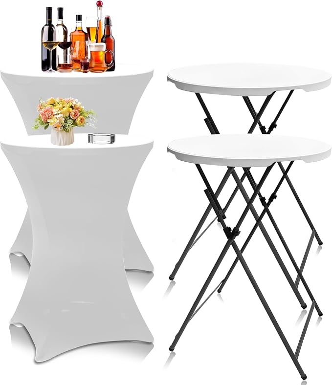 Camp Field 2 Packs Round Folding Cocktail Tables with White Covers, 32 inch High Top Highboy Bar Height Tables, Portable Pub Bistro Furniture for Weddings, Parties, Events, Indoor Outdoor