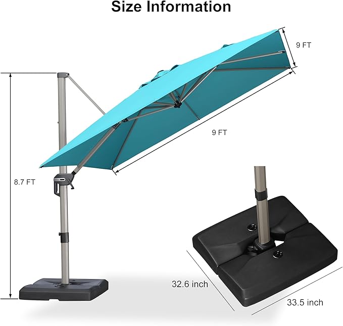 PURPLE LEAF 9' X 9' Patio Umbrella Outdoor Cantilever Umbrella, Aluminum Offset Umbrella with Champagne Frame and 360° Rotation for Pool Deck Garden, Turquoise Blue
