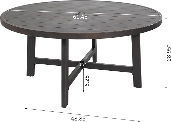 Ulax furniture Outdoor Dining Table 60 Inch Round - Aluminum Patio Table with Umbrella Hole, Weather-Resistant Garden Table for 6 (Brown)