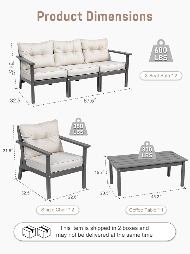 HDPE Patio Conversation Set 5 Seats, Outdoor Furniture Set, Patio Sofa Set | Water-Resistant Thick Cushion, HDPE All Weather, Wood-Grain, No Rot or Rust or Crack, UV Fade Shield, Easy-Clean for Outside