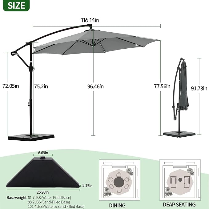 10FT Patio Umbrella, Offset Cantilever Outdoor Patio Table Umbrella, UV Protection, Fade Resistant Fabric, Easy Tilt Adjustment for Pool, Deck, Garden, Backyard