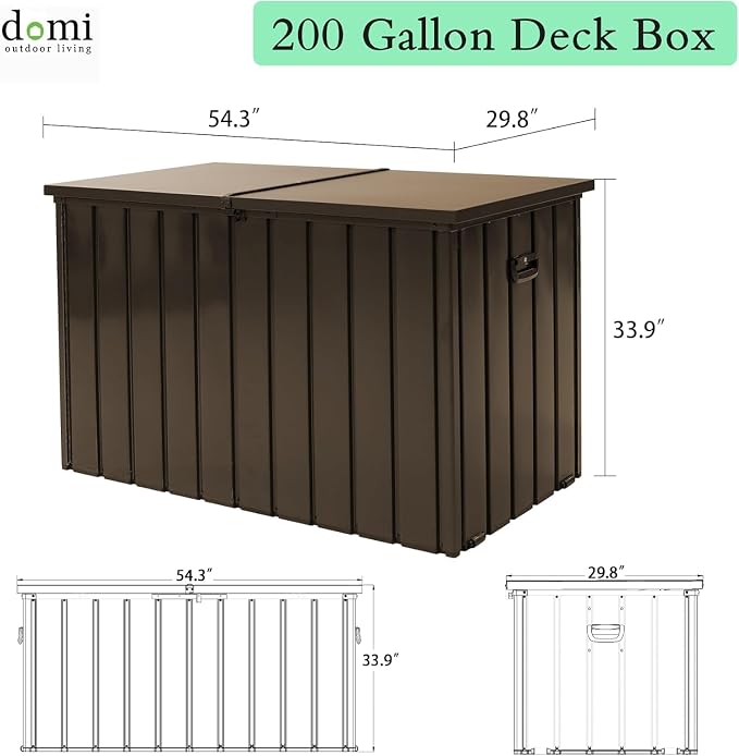 200 Gallon Outdoor Storage Deck Box, Durable Steel Storage Deck Box with Lockable Lids, Large Patio Storage Bin for Indoor Outdoor Use, Throw Pillows & Garden Tools, Dark Brown