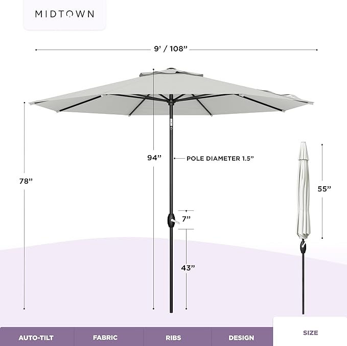 Midtown Umbrellas - 10-Year-No-Fade 9 Ft Patio Umbrella with Terylast Fabric, Auto-Tilt Aluminum Frame and 8 Reinforced Ribs for Deck, Pool, Garden & Beach - Off White Canopy, Black Pole