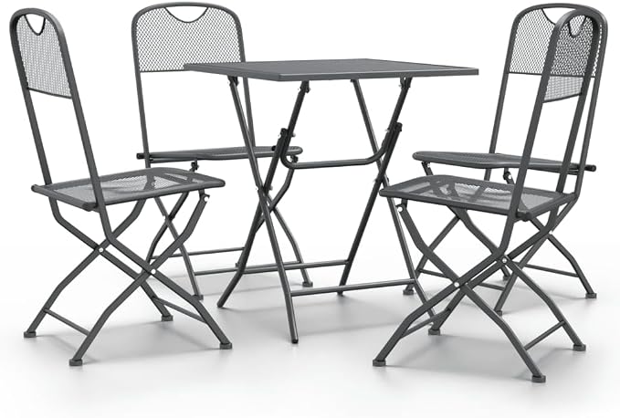 5 Piece Patio Dining Set Expanded Metal Mesh Anthracite Outdoor Table and Chairs Foldable Space Saving Weather Resistant E-Coating Finish for Garden Backyard Poolside