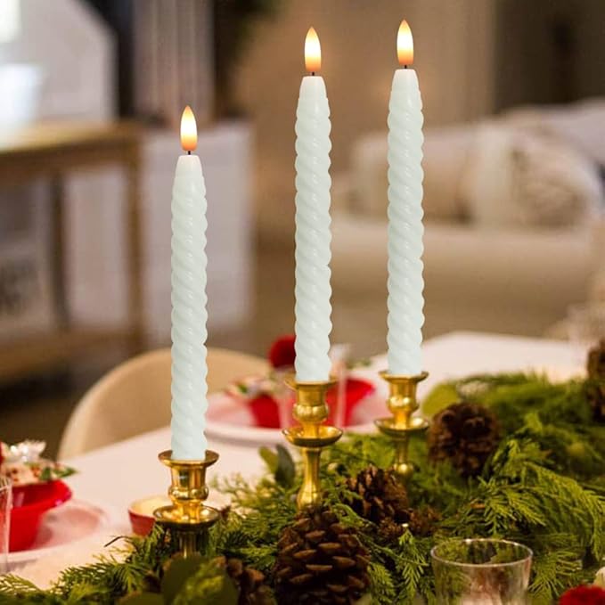 Flameless Taper Candles Real Wax Flickering with Remote Timer, Pastel White 3D Wick LED Spiral Candles Battery Operated 6 Pack 9.8 inch, Wedding Birthday Home Party Holiday Dinner Decor