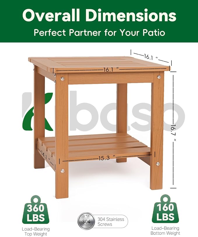 Kibaso-Adirondack Outdoor Side Table, 2-Tier HDPE Outdoor End Table, Weather Resistant Easy Maintenance, Small Patio Side Table for Patio, Pool, Porch, Garden, Lawn, and Living Room (1, Rustic Teak)