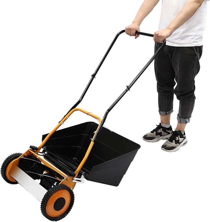 16 Inch 4-Blade Push Reel Lawn Mower with Grass Catcher, Wheeled Lawn Mower, Hand Push Lawn Mower