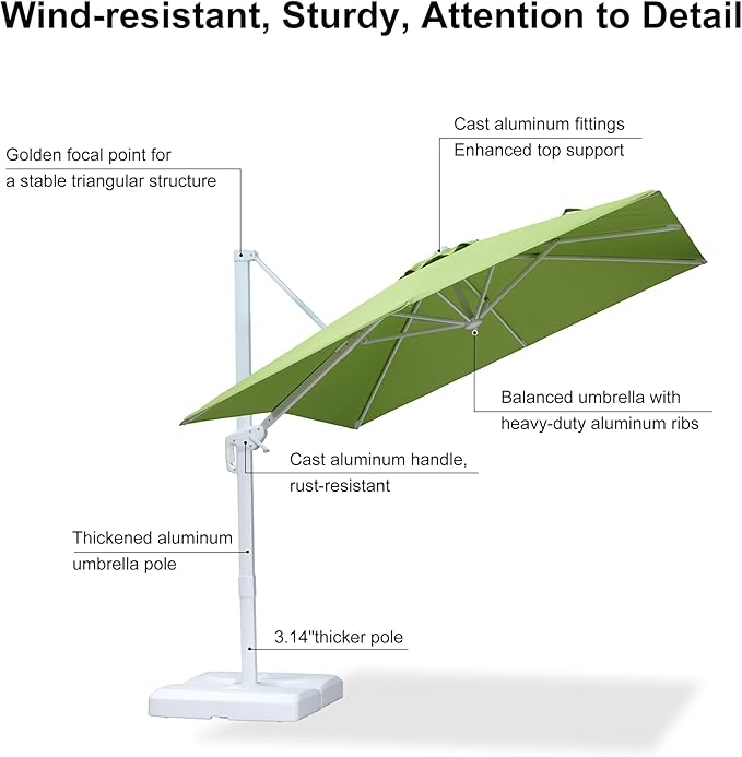 PURPLE LEAF 8 FT Patio Umbrella White Cantilever Umbrella Aluminum Square Outdoor Offset Umbrella Hanging Windproof with 360° Rotation for Garden Deck Pool, Green