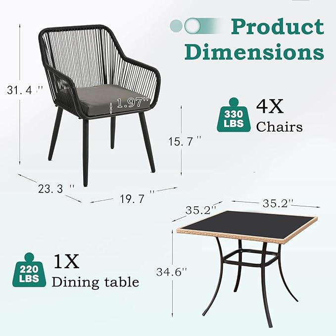 ECOTOUGE 5 Piece Patio Dining Set, Wicker Outdoor Furniture Set w/Glass Table, 4 PCS Chairs w/Waterproof Cushions for Backyard Garden Deck (Grey/Black, Square)