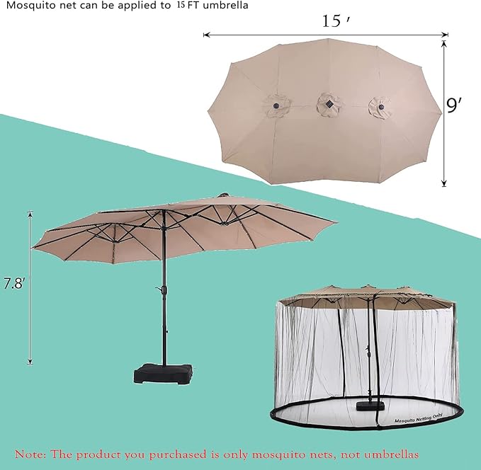 Mosquito Neting for 15FT Double-Sided Patio Umbrella Sunbrella Neting Double Zipper Water Pipe Bottom Used and for Patio Gazebo pop up canopy10x10 Interchangeable (Black 15ft)