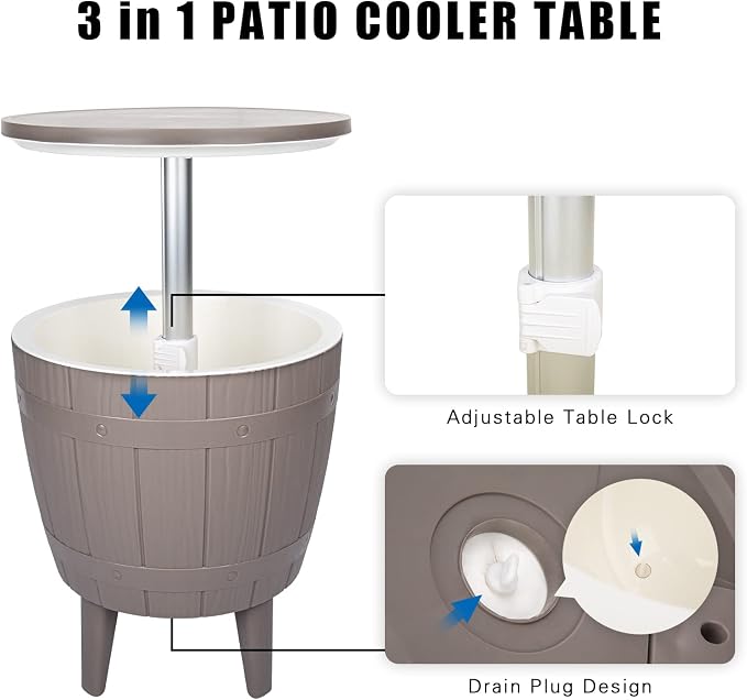 Vipush Outdoor Cooler Table - 10 Gal Adjustable Height Patio Furniture with Cool Bar for Party, Beer, Wine, Beverage - Pool Deck and Garden Decor