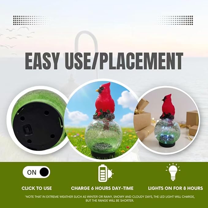 Red Bird Statue - Solar Powered Outdoor Red Bird Decor with LED Lights - Red and Green - Water Resistant - Gargen,Balcony and Courtyard Decoration Festival Gift - 8.66" H x 4.72" W x 4.72" D
