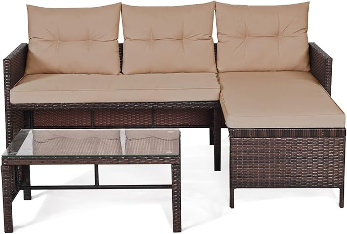 Fireflowery 3-Piece Outdoor Rattan Sectional Sofa Set, Patio Wicker Rattan Conversation Furniture Set, Steel Frame & Seat Cushion, Perfect for Garden Lawn Pool Backyard (Brown)