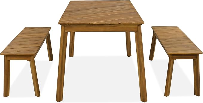 WILLIAMSPACE 50" Wood Patio Dining Set of 3, Modern Outdoor & Indoor Furniture with 2 Benches, 3 Pieces Picnic Beer Table for Patio, Porch, Garden, Poolside (Natural)