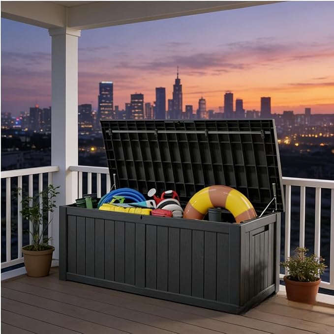 120 Gallon Waterproof Resin Outdoor Storage Box, Lockable & UV Resistant | Patio Deck Boxes, Outside Storage for Patio Cushions, Pool Toys, Garden Tools & Package Delivery, Black