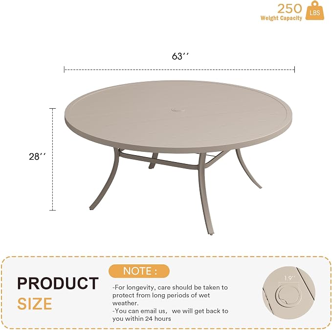 VICLLAX 63" Outdoor Round Patio Table with Umbrella Hole, All Weather Metal Round Outdoor Dining Table for Lawn Garden, 8-10 Person Table, Sandshell