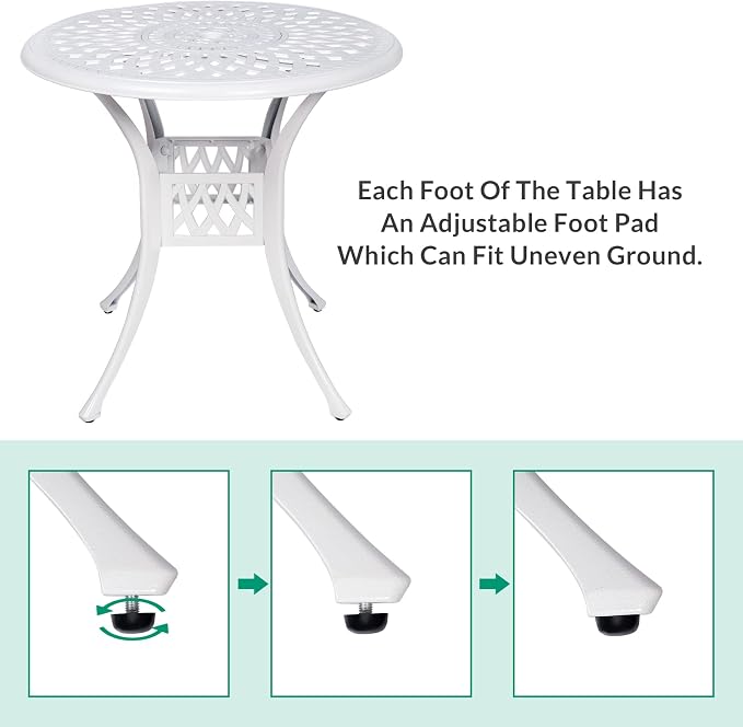 VIVIJASON 31" Patio Bistro Table Outdoor Dining Round Table White Cast Aluminum Table with Umbrella Hole