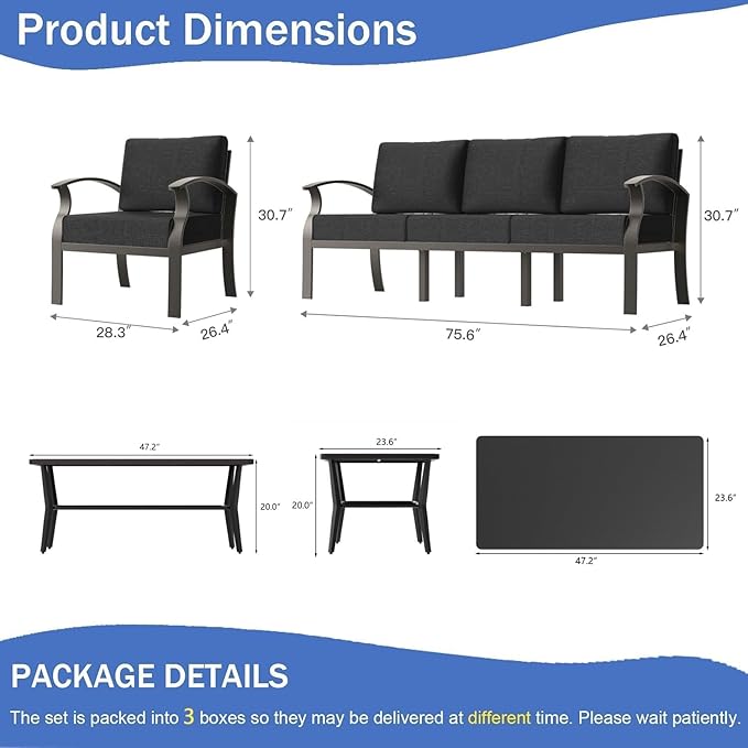 Aluminum Patio Furniture Set with Rectangular Coffee Table, 5 Seats Outdoor Patio Conversation Sets w/5.1" Cushions,Patio Conversation Sets for Garden, Backyard, Porch-Black