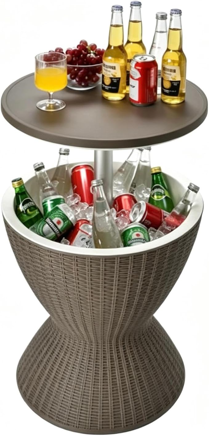 Tangkula Outdoor Cool Bar Table, Rattan Style Patio 8 Gallon Beer and Wine Cooler, All-Weather Ice Bucket w/Height Adjustable Top, Drainage Plug, 3-in-1 Cocktail Coffee Table for Party, Pool (Coffee)