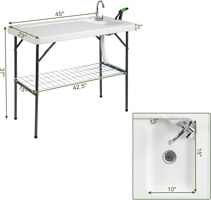 VINGLI Outdoor Folding Fish and Game Cleaning Table w/Sink| Portable & Durable, Standard Garden Connection, Upgraded Drainage Hose, Stainless Steel (Upgraded)
