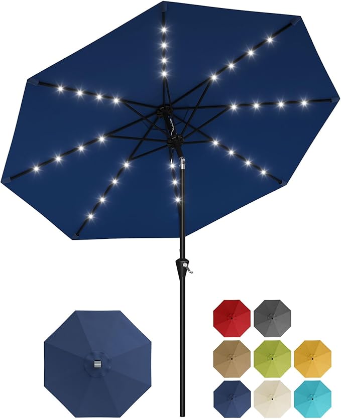 Garvee 9/10 FT Solar Patio Umbrella with 32 LED Lights - Outdoor Table Umbrella with Crank Lift, Push Button Tilt and 8 Sturdy Ribs - Market Umbrella UV Protection for Pool, Deck, Yard, Garden