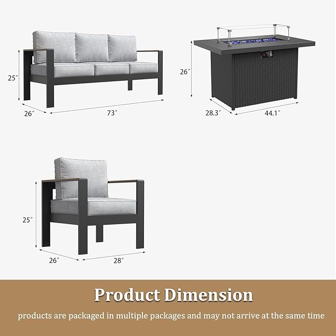 Aluminum Outdoor Patio Furniture Sets, 4 Piece Metal Patio Conversation Sets with Fire Pit with 5 Inch Cushion for Garden Backyard Deck