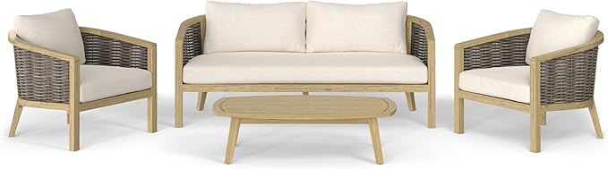SIMPLIHOME Parkside SOLID ACACIA WOOD 70 inch Wide Rectangle Contemporary 4 Piece Outdoor Conversation Set in Natural for the Living Room