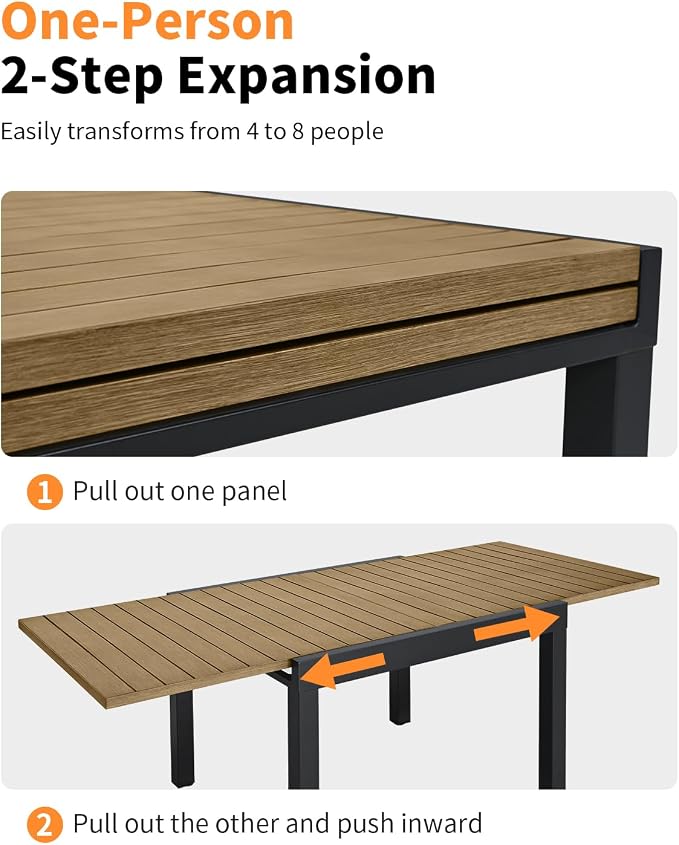 Expandable Outdoor Dining Set for 8, Never-Rust Aluminum Patio Swivel Dining Set, 38"-77" Extendable Outdoor Dining Table and 6 Double-Layer Textilene Stackable Patio Chairs for Porch, Teak
