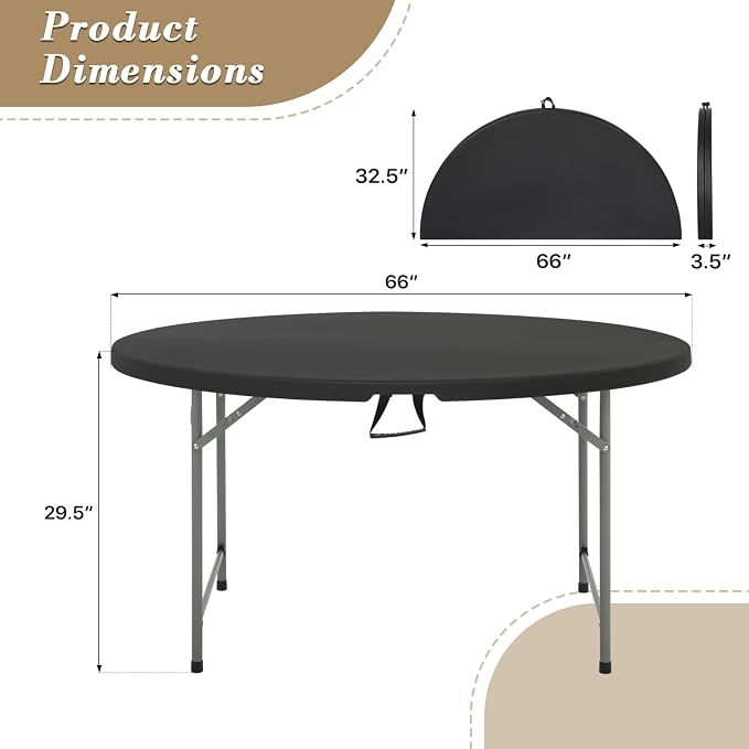 Athena Collection 5.5ft Folding Table, Portable Plastic Round Foldable Card Table, Indoor Outdoor Collapsible Craft Desk Dining with Lock & Handle for Commercial Party Camping, Black