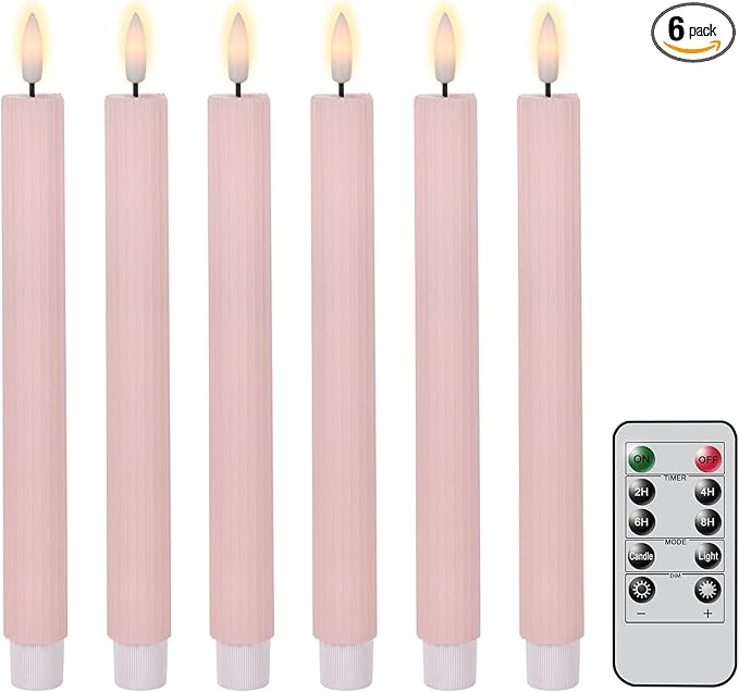 Spring Taper Candles Pastel Flameless Flickering with Remote Timer, Battery Operated Warm Light LED Candles Striped Real Wax Wedding Birthday Party Decor 6 Pack (0.78 X 9.45 Inchs)