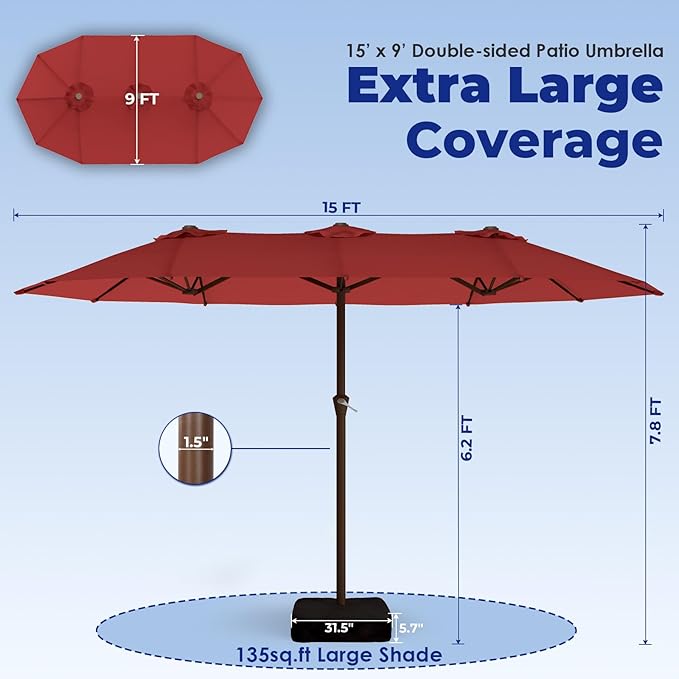 BRIOPAWS 15-FT-Large-Patio-Umbrella-with-Base | Double-Sided | Outdoor Table Umbrellas | w/Crank Handle | 12 Sturdy Fiberglass Rib | UV-Protection | for Garden Deck Backyard Pool | Red