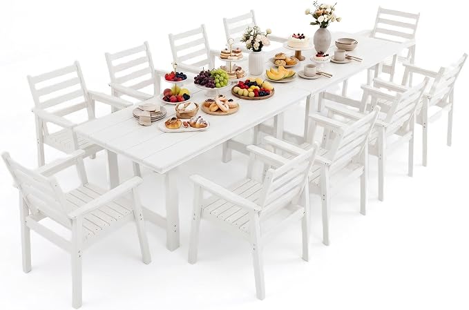 12 Piece HDPE Outdoor Dining Set for 10, Patio Dining Furniture Set with 2” Umbrella Hole, Weather Resistant Outdoor Table and Chairs for Garden, Poolside, Backyard, Deck