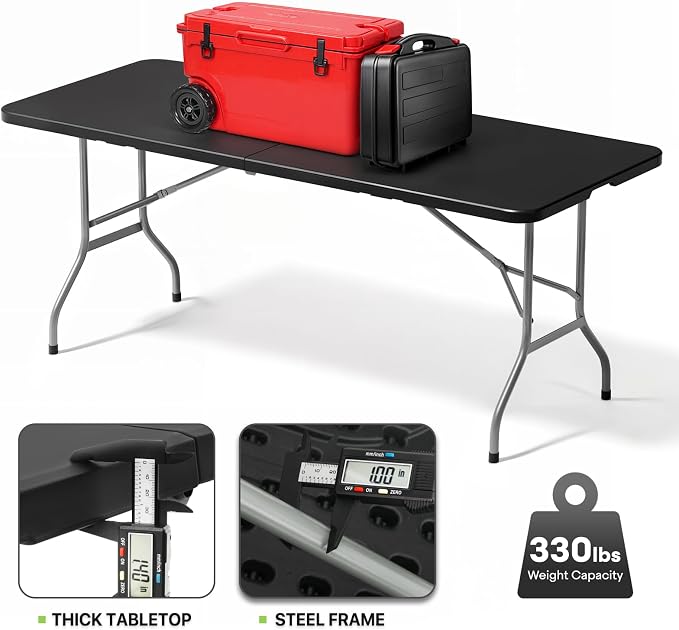Magshion 6ft Plastic Folding Table with Handle for Indoor Outdoor, 6 Foot Utility Commercial Craft Foldable Table for Party Events, Black