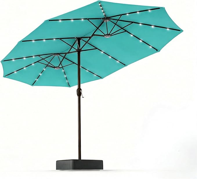 15FT Patio Umbrella with Solar Lights, Double-Sided Extra Large Outdoor Table Umbrella with Base Included, Heavy-Duty 12 Iron Ribs Market Umbrella for Garden, Pool, Backyard, Turquoise Blue