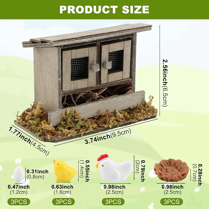 Fairy Garden Mini Chicken Coop Decor, 13-Piece Farm Scene Set | Includes 1 wood coop 3 hens 3 chicks 3 eggs 3 nests, doors open and close, store pieces together to avoid loss