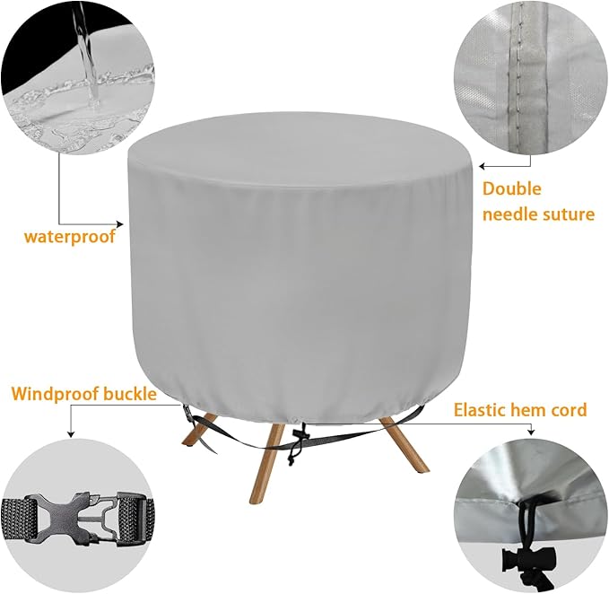 Patio Table Chair Cover (Gray), 23" DIA X 18"H, Portable Propane Grill covers, Outdoor Patio Furniture Cover Waterproof for Coffee Table, Hot Tub Side Table with 7.5 Gallon Cool Bar and Wine Cooler