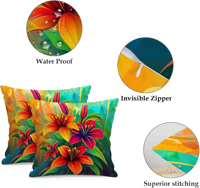 22x22 Inch Outdoor Pillow Covers Set of 2 Waterproof Throw Pillow Covers Decorative Couch Cushion Covers Neon Orange Green Flowers Square Pillowcases Protectors for Patio Garden Sofa