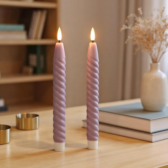 Purple Flameless Taper Candles Real Wax Flickering with Remote Timer, Gentle Lavender LED Spiral Candles Battery Operated 6 Pack 9.8 inch, Wedding Birthday Home Party Holiday Dinner Decor