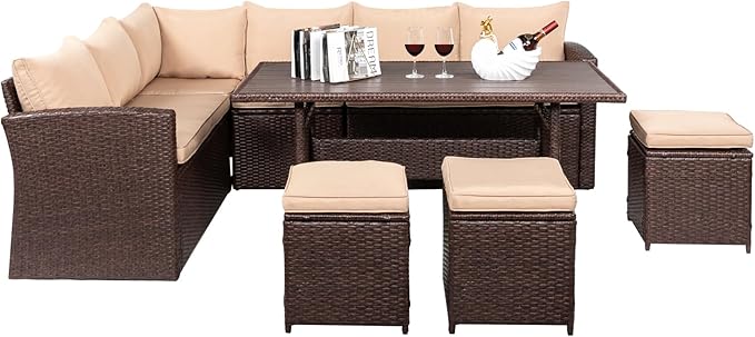 VINGLI 8 Pieces Outdoor Patio Furniture Set with Dining Table&Chairs, Wicker Patio Dining Set for 8, All Weather Outdoor Sectional Sofa Conversation Set with Ottoman