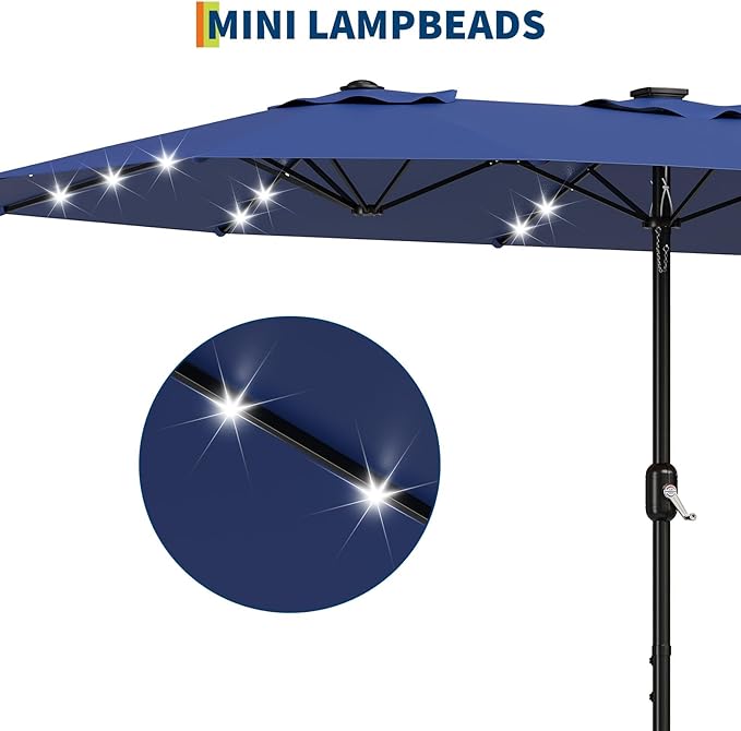 15FT Rectangular Patio Umbrella With Solar Lights & Base Included - Large Patio Umbrella With Crank Handle, UV Protection for Outdoor Market, Lawn, Backyard, Pool
